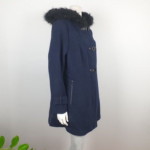 City Chic Plus Size XS 14 Navy Blue Longline Coat Jacket Fur Hood Women NEW $200 - Picture 6 of 14