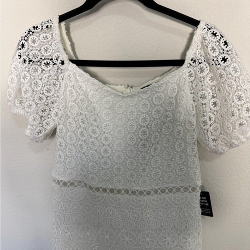 Vestido Lápiz Express Blanco Fuera del Hombro Crochet Encaje Midi XS NUEVO - Imagen 5 de 10