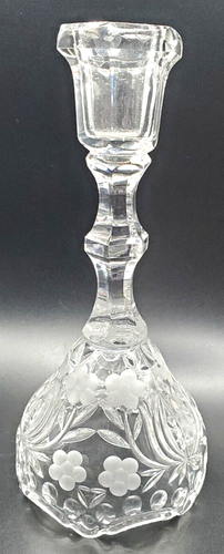 Crystal Glass Candle Stick Carved Glass Hood Etched Flowers Ruffled Bottom - Picture 3 of 5
