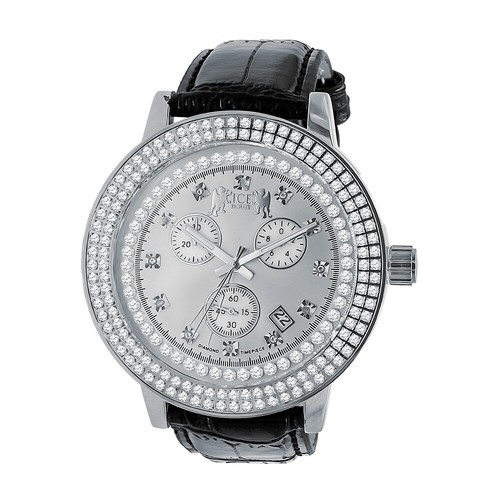 Men's Genuine Diamond White Tone Black Leather Band Watch Analog Water Resistant - Picture 2 of 2