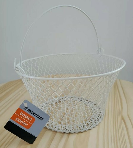 White Wired Basket 4.75" tall x 8" wide Mesh With Wire Hand And Tag