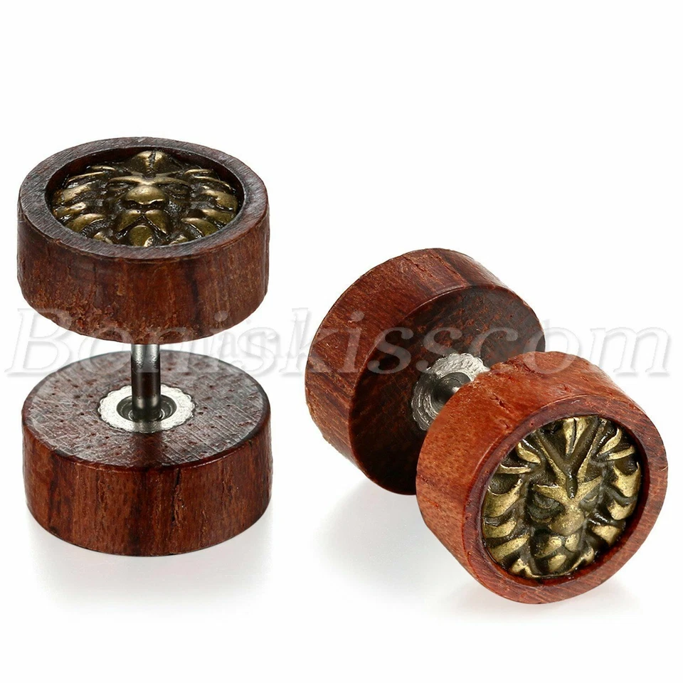 5Pares Unisex Punk Retro Madera Barbell Mancuernas Piercing Pendientes de Tapón Foto 3 de 4