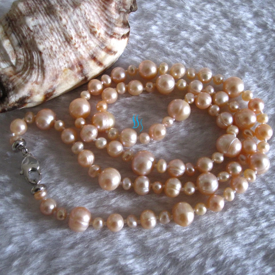 24" 4-10mm Peach Pink Freshwater Pearl Necklace Strand Jewelry - Image 4 of 4