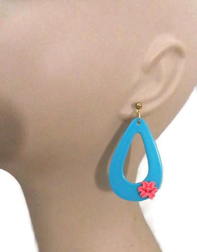 New Vintage Women's Brass Resin Teal Blue Salmon Flower Acrylic Drop Earrings - Picture 3 of 4