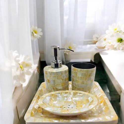 Juego de baño de nácar amarillo hecho a mano - Accesorios de lujo decoración para el hogar - Imagen 3 de 5