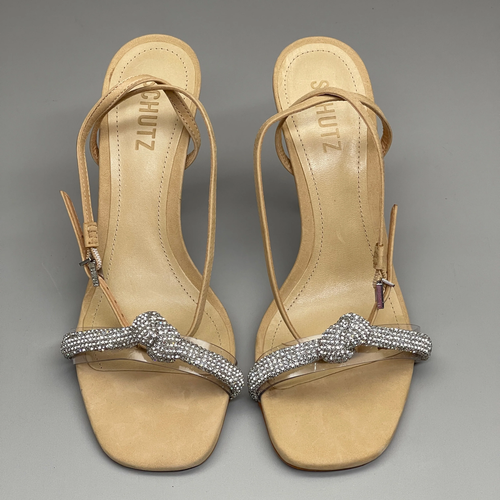 SCHUTZ Peaky Nubuck & Vinyl Multimaterial Women's Sandal Heel Light Nude Sz 8B ( - Picture 3 of 12