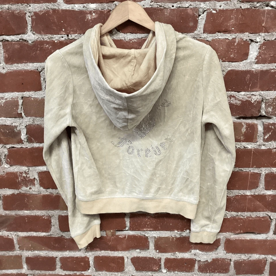 Sudadera con Capucha Juicy Couture X Forever 21 Beige Terciopelo Cremallera Estrás Talla M Foto 4 de 4