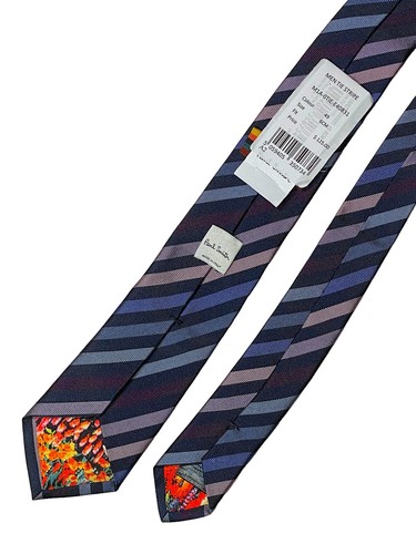 Paul Smith Men's Neck Tie Blue Purple Mauve Toned Stripe Silk Faille Skinny - Picture 6 of 10