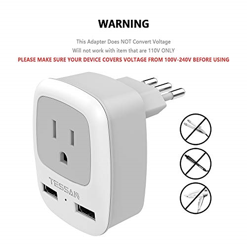 Italy Travel Plug Adapter 2 Pack TESSAN 3 in 1 Grounded International Power O... - Picture 3 of 7