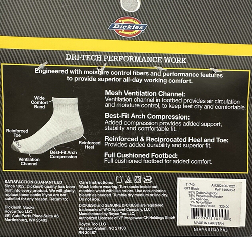 Paquete de 6 calcetines Dickies Dri-Tech Comfort Quarter negros para hombre talla de zapato 6-12 EE. UU. - Imagen 5 de 5
