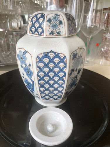Vintage Porcelain BLUE Ginger Jar OMC Japan 2 LIDS , CHERRY BLOSSOMS , GEOMETRIC - 第 2/9 張圖片