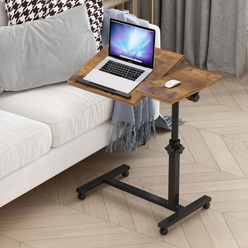Brown T-Shape Overbed Table with Wheels, Adjustable Tiltable Laptop Stand Desk, - Picture 2 of 12