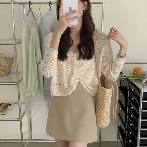 Summer Korean Women Solid Color Hollow soldes Out V-neck Long Sleeve Knitted Cardigan