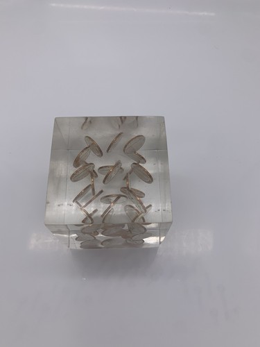 Fermacarte vintage a cubo acrilico lucite con penny sospesi galleggianti 1971  - Foto 6 di 7