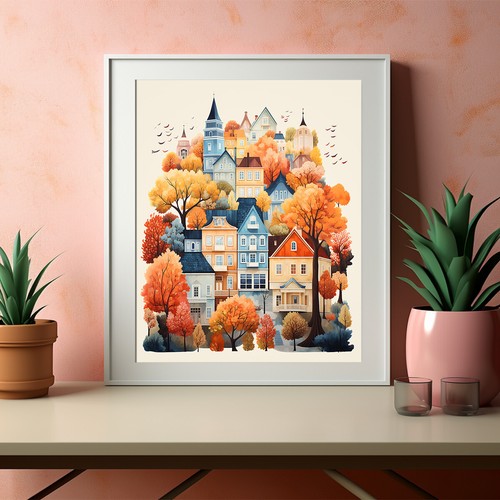 A Little Town in Autumn Print, Cute Little Houses, Autumnal Trees, Fall Abstract - Picture 4 of 5