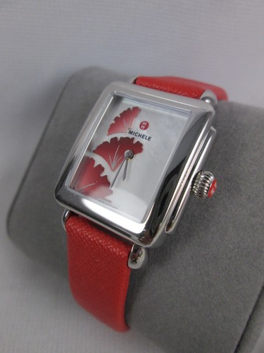 New Michele Deco Mid 16 Silver Red Gingko Fan Watch MW06V00A0093 NIB - Picture 3 of 5