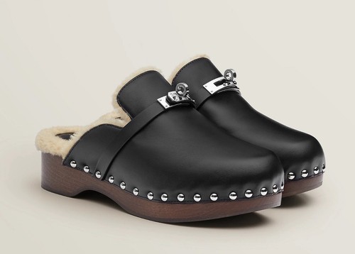 Hermes Carlotta Mules Black Calfskin / Shearling Palladium Kelly Buckle 36 / 6