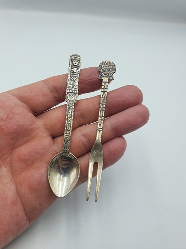 Rare Vintage Hecho en Mexico Mayan Aztec Sterling Silver Spoon & Fork - Foto 2 di 9