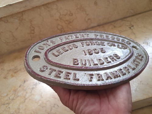 rare vtg fox's patent pressed leeds force 1905 steel frameplates sign  Builders