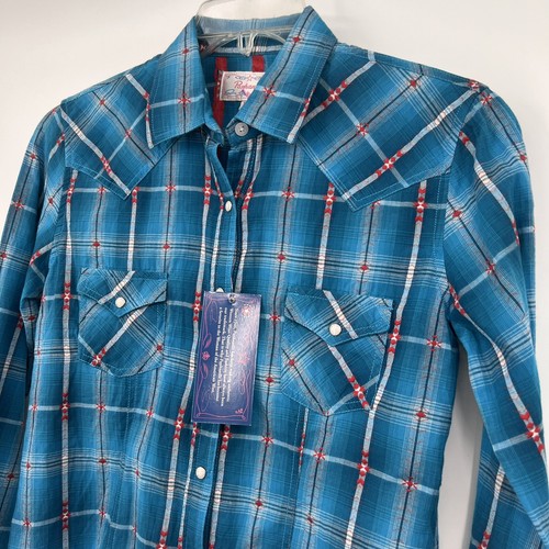 Panhandle Shirt Womens XS Pearl Snap Blue Plaid Western Rockabilly - Picture 4 of 10