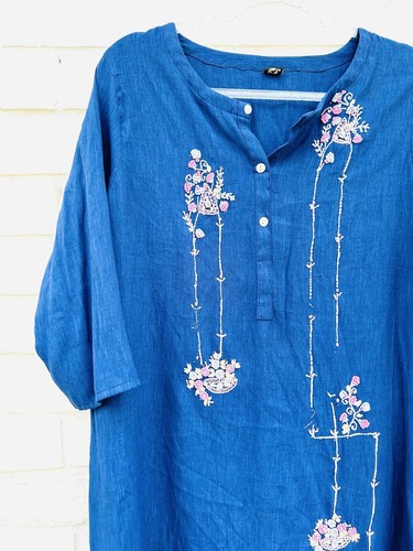 Vintage Indigo Blue Embellished Embroidered Floral Shift Lounge Dress Small - Picture 3 of 4