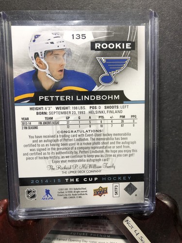 Petteri Lindbohm 14-15 UD The Cup Rookie Auto #/249 - Picture 2 of 2