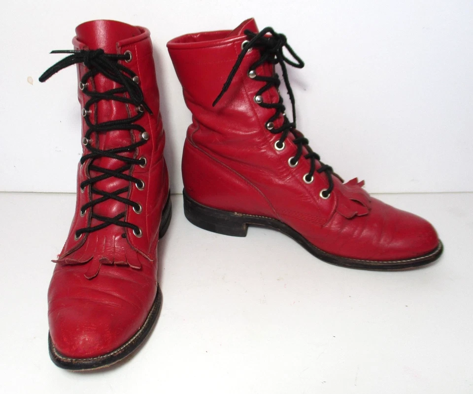 Botas Kiltie Roper Justin de Colección Años 90 Cuero Rojo con Cordones 6.5B Mujer Western Foto 2 de 4