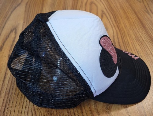 Cappello Berretto Minie Mouse Orecchio Rosa Fiocco Nero Maglia Regolabile Baseball Stile Camionista - Foto 4 di 7