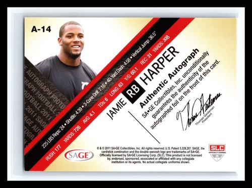 🏈 JAMIE HARPER 2011 SAGE DRAFT SIGNATURES AUTO RC HAND # 200 - Picture 2 of 2