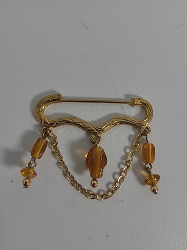 Brosche Anstecknadel Revers goldfarben poliert strukturierte Glasperlen 2" Vintage - Bild 1 von 3
