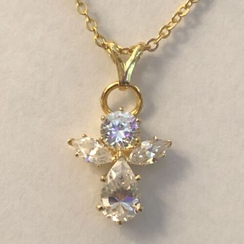 Vintage 18 Inch Gold Plated Chain & Angel Pendant Clear Stones Seta - Picture 2 of 12