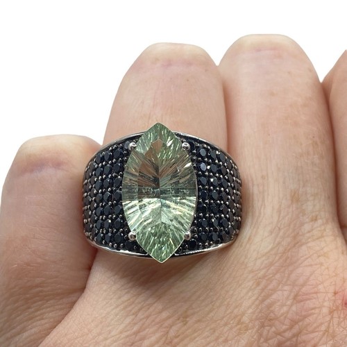 Sterling Silver 925 Green Amethyst Wide Band Ring Size 10 Signed PK Statement - 第 1/12 張圖片