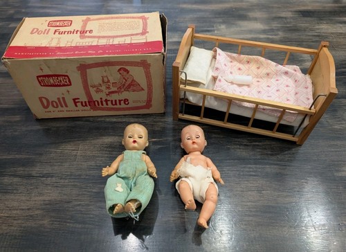 Vintage 1950s Strombecker #151 Brown Wood Doll Crib in Box + 2 Vogue Baby Dolls