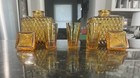Vntg MCM Amber Indiana Glass Square Diamond Point Decanters Set & 3 Shot Glasses