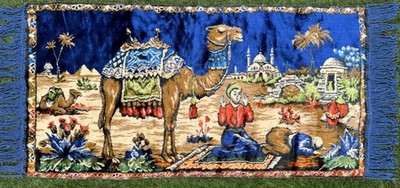 Vintage Nahöstlicher Wandteppich Teppich Kamel Gebetsszene Moschee Hintergrund 100x50
