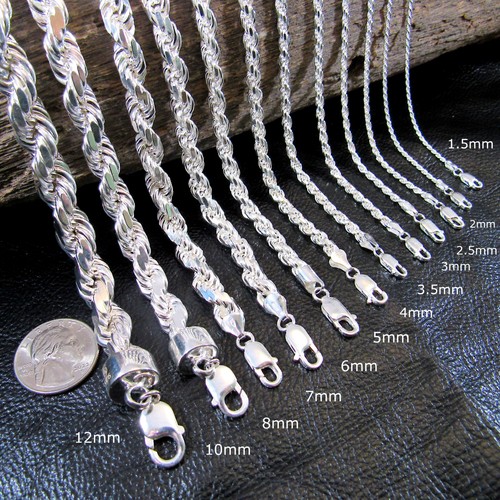 Solid 925 Sterling Silver Diamond Cut Rope Chain Hip Hop Necklace Bracelet Italy - Picture 52 of 69