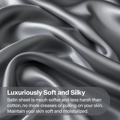 Satin Fitted Sheet and Pillowcases Set, Luxury Soft Similar to Silk Bottom Be... - Picture 3 of 6