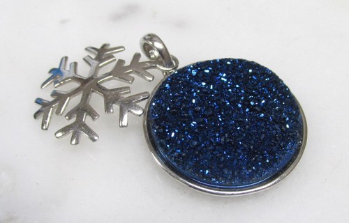 Blue Druzy Sterling Silver Pendant w/ Snowflake Accent ~ 9.2grams ~ 3-D410 - Picture 2 of 5