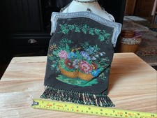 Antique Micro Black Beaded Purse Flower Basket Alpaca Silver Frame Fringe 7x9