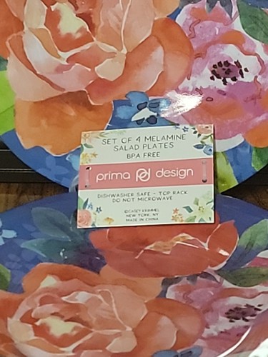 New Prima Design Melamine Floral Blue Salad Plates 9" Set of 4 - Picture 2 of 3