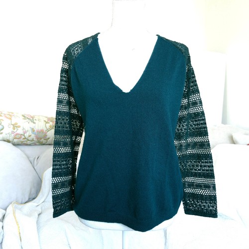Sezane Valentin Sz S Cashmere Forest Green Crochet Long Sleeve Pullover Sweater - Picture 2 of 11