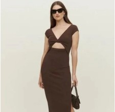 Reformation Faris Brown Ribbed Knit Twist Cut Out Slit Midi Dress Sz ?