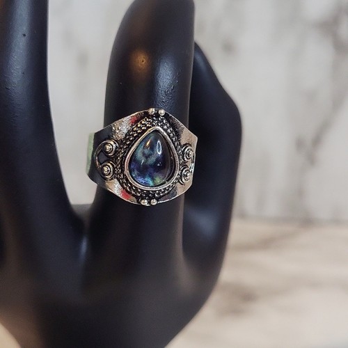 Gemstone Labradorite Pearl Shape Silvery Rings Size 6 - Picture 3 of 8