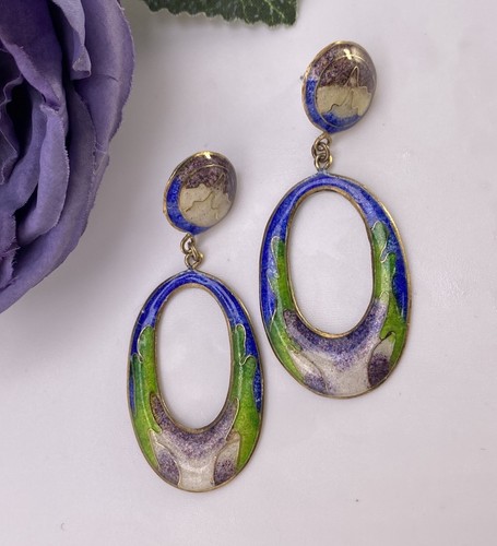 Vintage Cloissonne Earrings Purple Blue & Green Floral 90s Hoops 2.5 Inches - Bild 2 von 10
