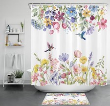 Country Hummingbird Yellow Wildflower Shower Curtain Set for Bathroom Decor