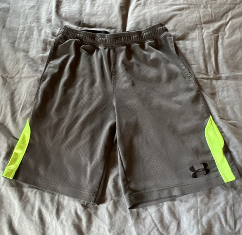 UNDER ARMOuR YL Mesh Athletic Shorts Grey/neon Basketball Running - Picture 2 of 15