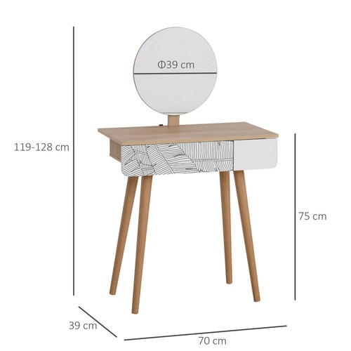 HOMCOM Tavolo da Trucco con Specchio Circolare e Cassetto, Bianco e Rovere - Foto 4 di 10