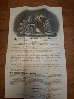 1884 Franklin Fire Insurance Co. of Philadelphia Fire Policy With Revenue Stamps