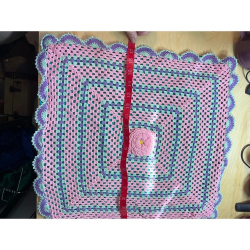 VTG Handmade Granny Square Slip On Pillow Cover Pink Turquoise Crochet 17x18 - Picture 5 of 7