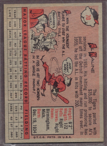 1958 Topps Set-Break # 70 Al Kaline EX-EXMINT (YL) *JAYSACE* - Picture 2 of 2